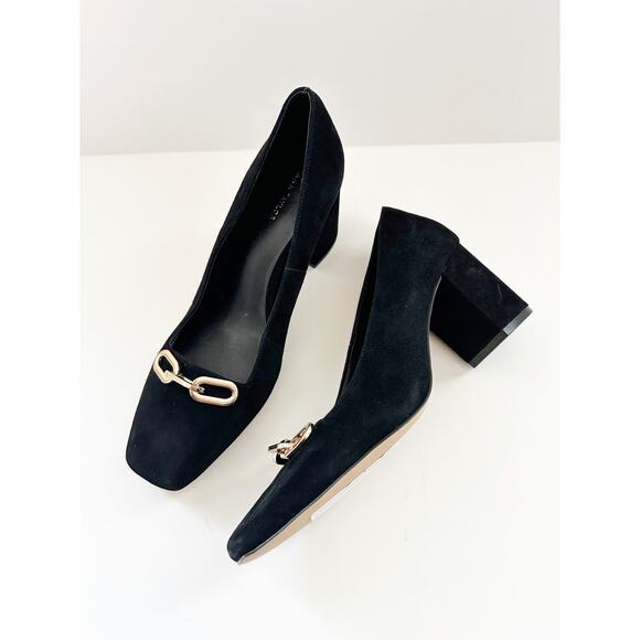 NWOB Ann Taylor Chain High Block Heel Suede Pumps Gold  6.5 - Picture 3 of 7
